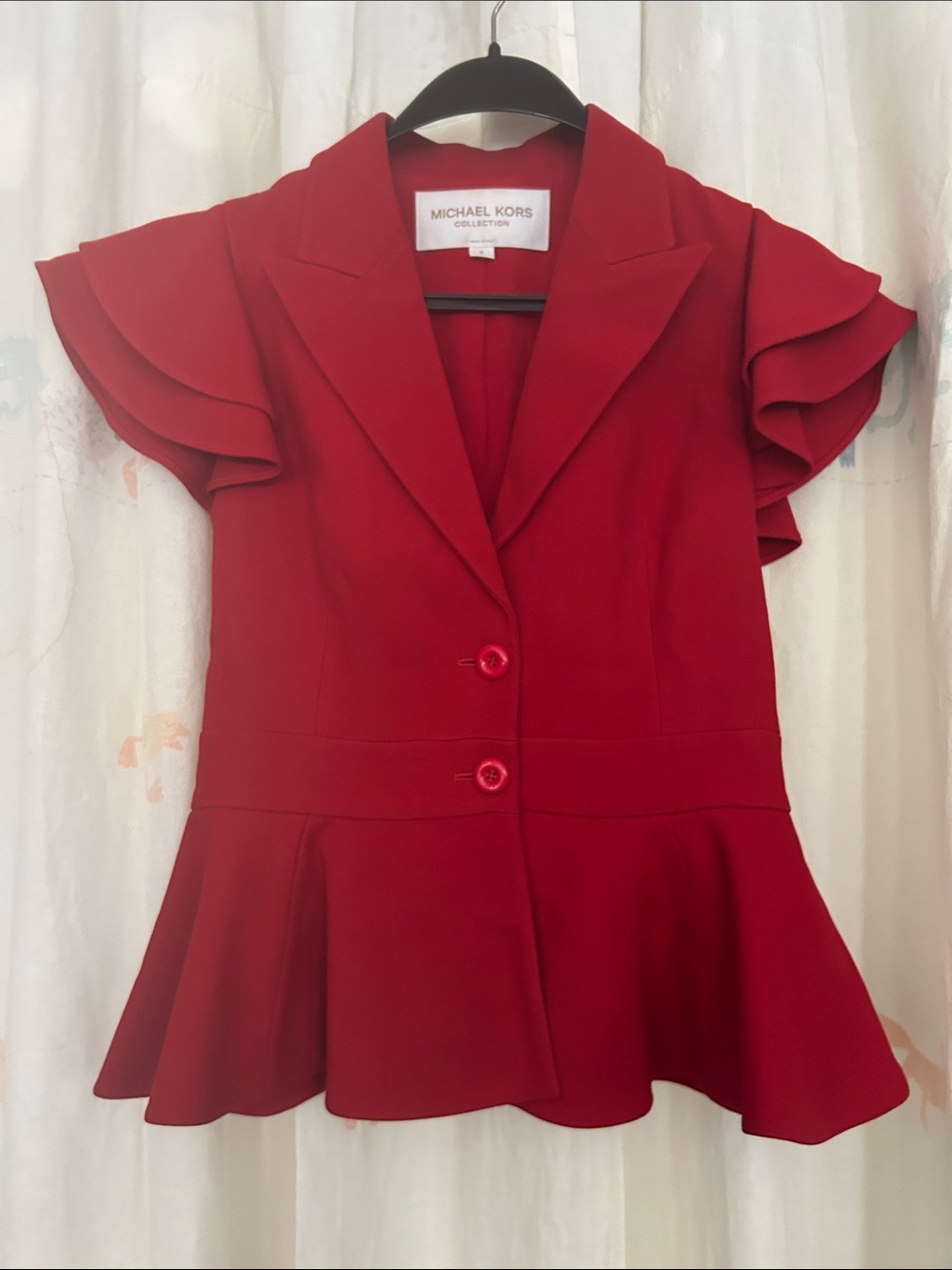 Michael Kors  Collection Wool Red Ruffle-Sleeve Peplum Blazer 6